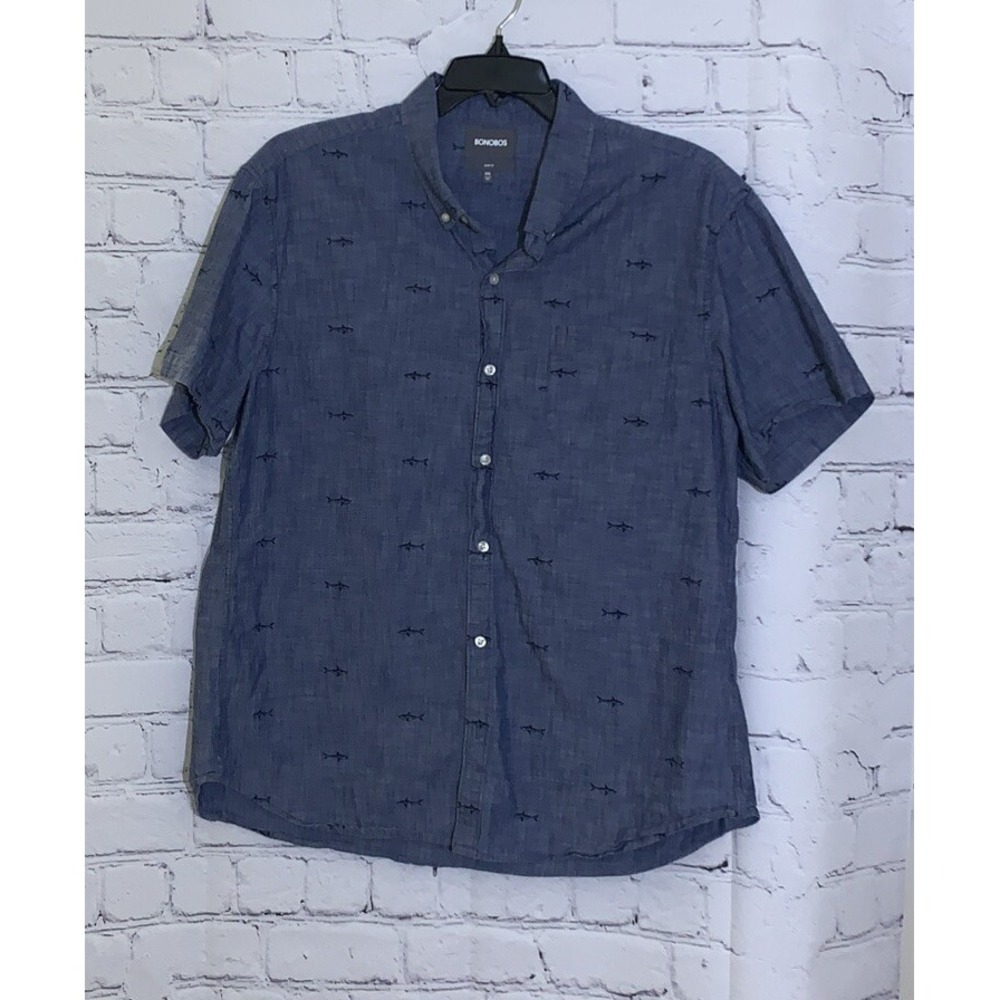 Bonobos Men's XXL Shirt Slim Fit Shark Print Tailored Blue Short Sleeve